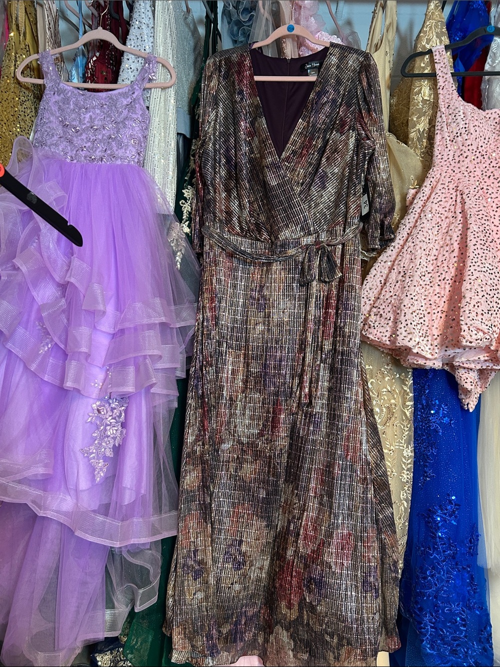 Jessica Howard Metallic Floral Wrap Maxi Dress in Purple and Bronze Tones